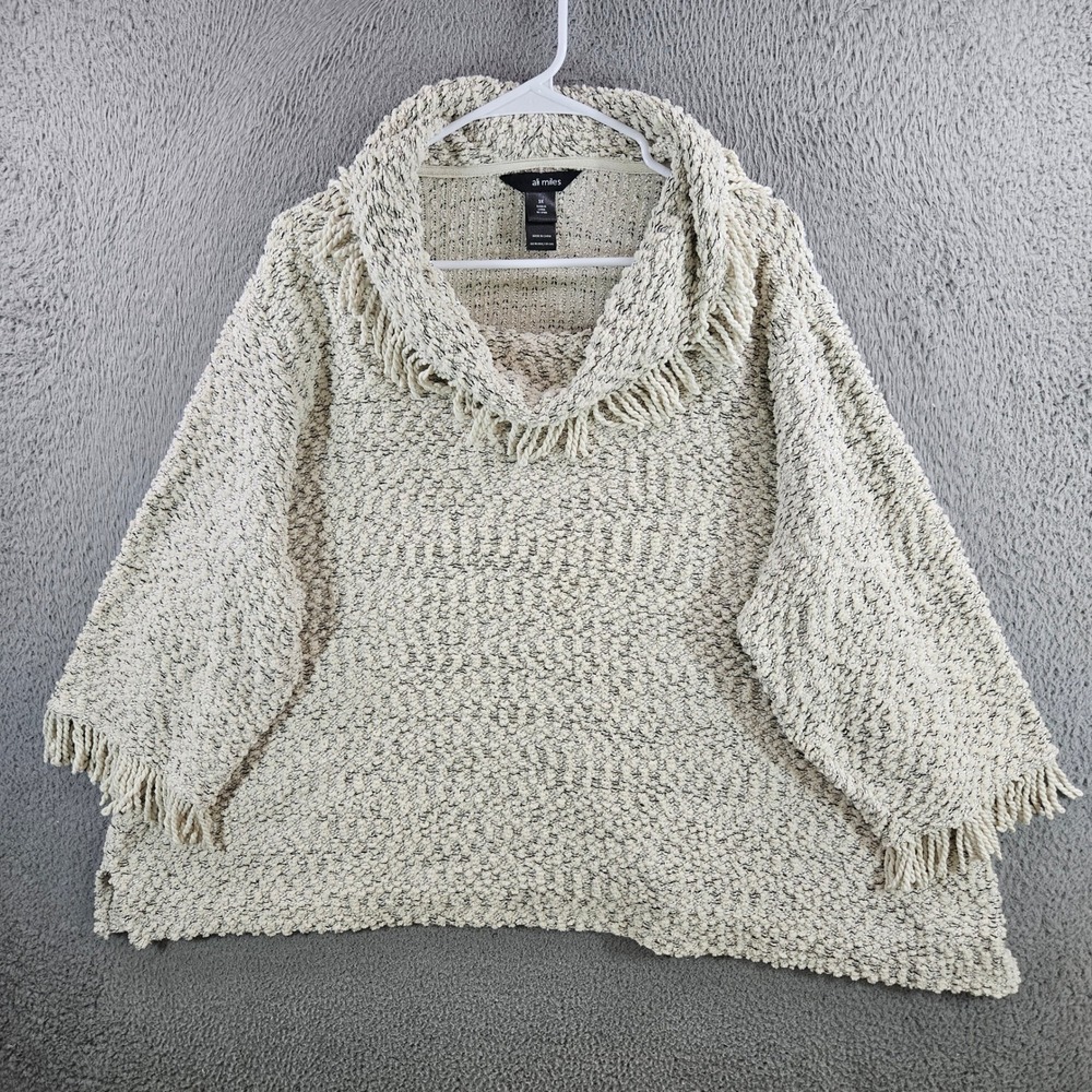 Ali Miles Womens 3X Cream Black Marled Fringe Cowl Neck Poncho Sweater